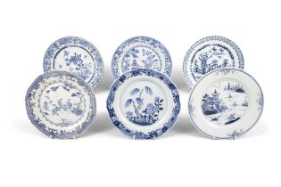 SIX BLUE AND WHITE DISHES WITH FLOWERS, DEER, AND FIGURES 清乾隆 青花盤六件 China, 18th century D: