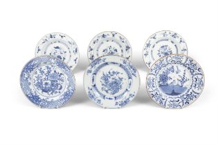 SIX BLUE AND WHITE DISHES WITH FLOWERS AND BIRDS 清乾隆 青花花鳥紋盤六件 China, 18th century D: 22.