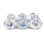SIX BLUE AND WHITE DISHES WITH FLOWERS, LANDSCAPE AND GARDEN 清乾隆 青花盤六件 China,