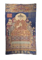 A SILK BROCADE THANGKA OF THE PORTRAIT OF THE MONASTIC PATRONAGE SHAKYA YESHE WITH THREE