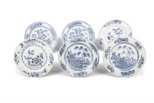 SIX BLUE AND WHITE DISHES WITH FLOWERS AND ROCKS 清乾隆 青花花卉紋盤六件 China, 18th century D: 23.