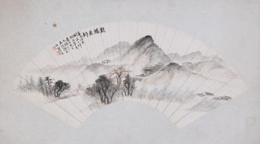 A CHINESE FAN PAINTING OF LANDSCAPE, SIGNED SHI JI QUAN 20世紀 石季泉款 紙本設色 ‘谿桥垂钓’扇面 China,