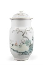 A FAMILLE ROSE ‘SCHOLARS IN LANDSCAPE’ LANTERN VASE AND COVER 清代 粉彩高士山水圖壯罐 China,