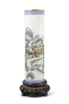 A FAMILLE ROSE STYLE CYLINDRICAL LANDSCAPE VASE WITH WOODEN STAND 20世纪下半叶 粉彩山水图带木座瓶 China,