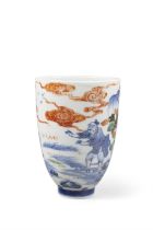 A BLUE AND WHITE CYLINDRICAL ‘THE FIGHT BETWEEN THE SNIPE AND THE CLAM’ CUP, REPAINTED IN HOLLAND,