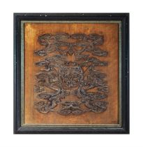 A FRAMED PANEL WITH DOUBLE CARVING OF BATS AND CLOUD, THE OTHER SIDE WITH ANTIQUES 二十世纪初
