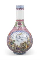 A FALANGCAI ENAMELLED BOTTLE VASE WITH LUOHAN FIGURES, QIANLONG MARKED 民國 琺瑯彩十八羅漢長頸瓶 China,