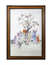 A FRAMED FAMILLE ROSE ‘NIGHT BANQUET’ PANEL 民國 粉彩『夜宴圖』瓷板 China, Republic period Size: 37.