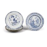 SIX BLUE AND WHITE DISHES, FOUR WITH FLOWERS AND A PAIR WITH ANTIQUES AND ROCKS 清乾隆