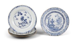 SIX BLUE AND WHITE DISHES, FOUR WITH FLOWERS AND A PAIR WITH ANTIQUES AND ROCKS 清乾隆