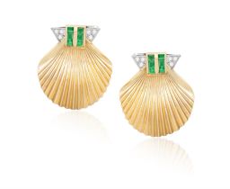 A PAIR OF STYLISED EMERALD AND DIAMOND CLIPS, CIRCA 1955, each clip designed as a shell,