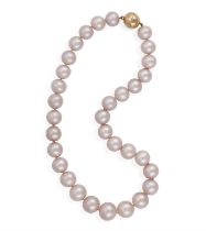 A CULTURED PEARL NECKLACE, composed of a row of graduated round-shaped cultured pearls of rose tint,