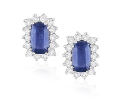 A PAIR OF SAPPHIRE AND DIAMOND EARRINGS, each of stud design, set with a rectangular-cut sapphire,