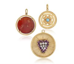 THREE GEM-SET CIRCULAR PENDANTS, including a pendant with a central pavé-set seed-pearl and ruby