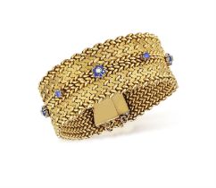 A SAPPHIRE, DIAMOND AND GOLD BRACELET, CIRCA 1965, of mesh-design, composed of a double bracelet