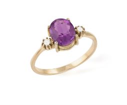 AN AMETHYST AND DIAMOND DRESS RING, composed of a central oval mixed-cut amethyst between