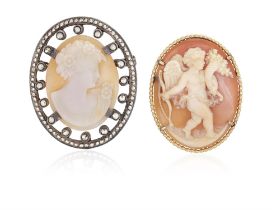 TWO SHELL CAMEOS, the first oval-shaped brooch depicting a Classical profile and bust of a lady,