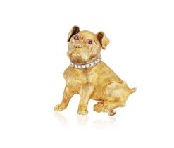 A GEM-SET NOVELTY BROOCH, CIRCA 1960, modelled as a French bulldog, with a single-cut diamond set