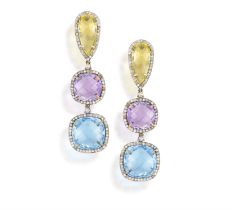 A PAIR OF GEM-SET EARRINGS, each surmount set with a faceted pear-shaped yellow topaz,