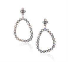 A PAIR OF LABRADORITE EARRINGS, each of pendent design, composed of a large openwork hoop,