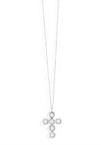 A TOPAZ AND DIAMOND PENDANT NECKLACE, the pendant designed as a cross, reversibly mounted with