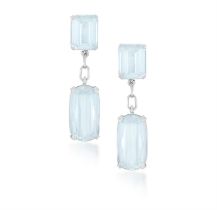 A PAIR OF AQUAMARINE EARRINGS, each of pendant design, set with rectangular-shaped aquamarines,