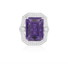 AN AMETHYST AND DIAMOND RING, set with a rectangular-cut amethyst weighing approximately 16.