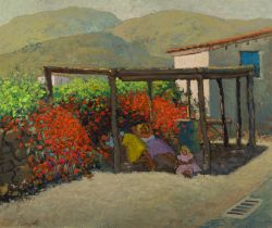 Patrick Leonard HRHA (1918 - 2005) Siesta, Crete Oil on board 50 x 60cm (19¾ x