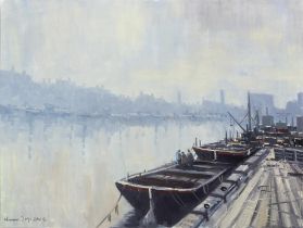 Norman J. McCaig (1929-2000) Guinness Barges, Old Victoria Quay, Liffey, Dublin Oil on board 46 x