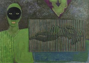 Gerard Dillon (1916 - 1971) Masked Figure and Nude Oil on board, 86.5 x 122.5cm (34 x