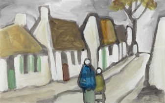 Markey Robinson (1918 - 1999) Two Figures On a Country Path With Cottages Gouache,