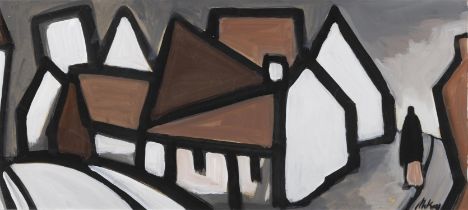 Markey Robinson (1918 - 1999) Cottages with Figure Gouache on board, 29.5 x 66cm (11½