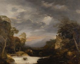 Thomas Sautelle Roberts (c.1760 - 1826) Wooded River Landscape with Waterfall and Ruin Oil on