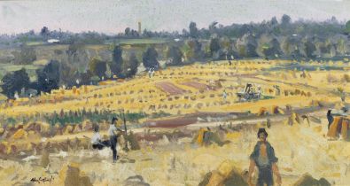 Maurice MacGonigal PPRHA (1900-1979) Hay Harvest, Co. Dublin (1975) Oil on board,