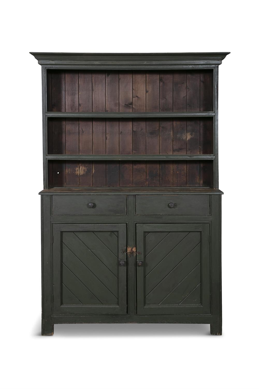 A GREEN PAINTED PINE DRESSER, the moulded cornice above two open shelves and plain slated back,