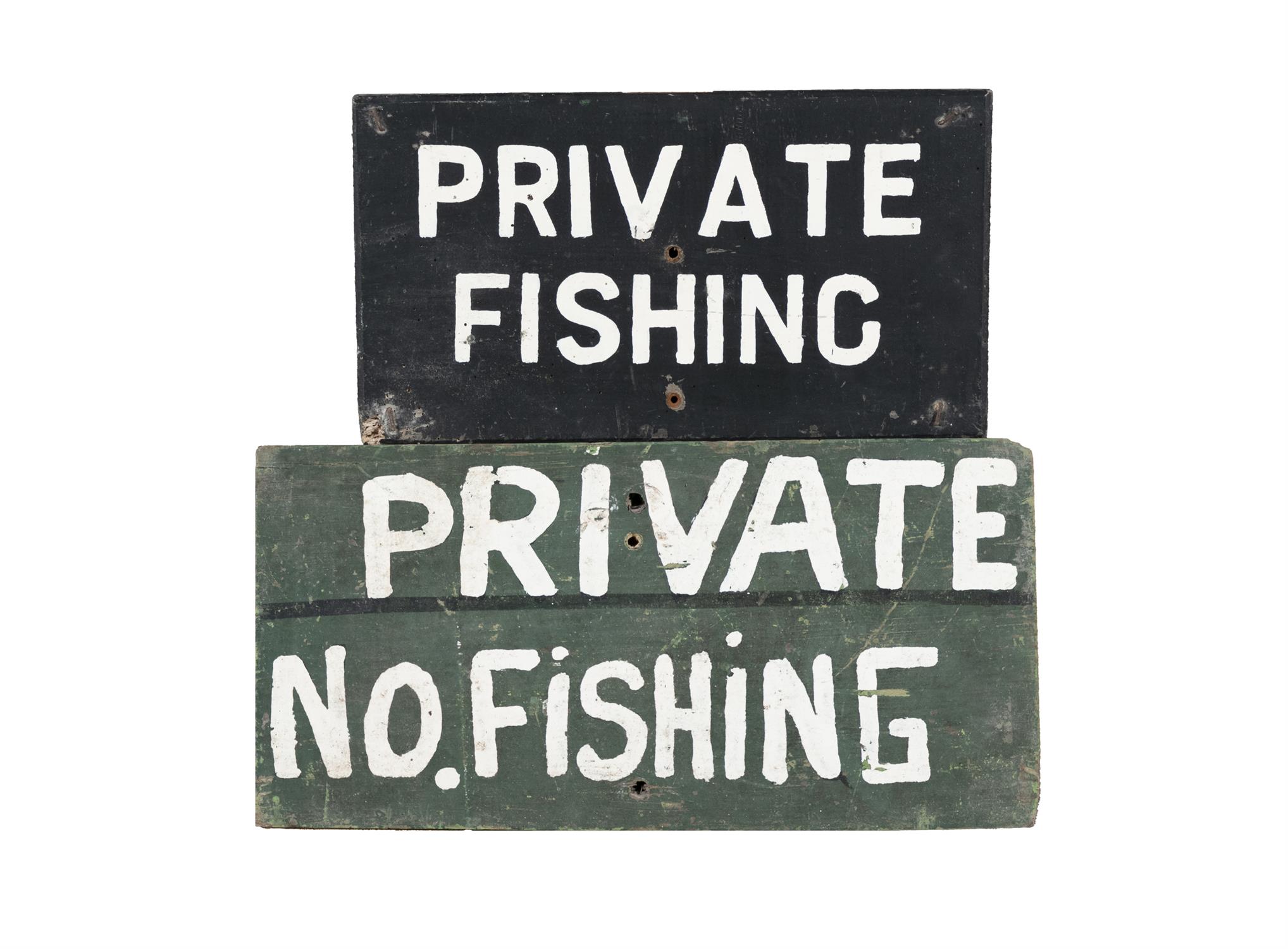 TWO GREEN AND WHITE PAINTED TIMBER ESTATE SIGN 'PRIVATE FISHING; PRIVATE NO. FISHING'.