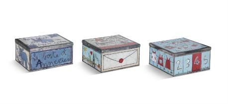 THREE SQUARE TIN BISCUIT BOXES, each decorated with children's motifs, 22cm wide, 22cm long.