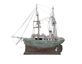 A PAINTED TIMBER SCALE MODEL OF 'IRENE, LONDON' A TWO MAST FULL KEEL STEAM BOAT, complete with