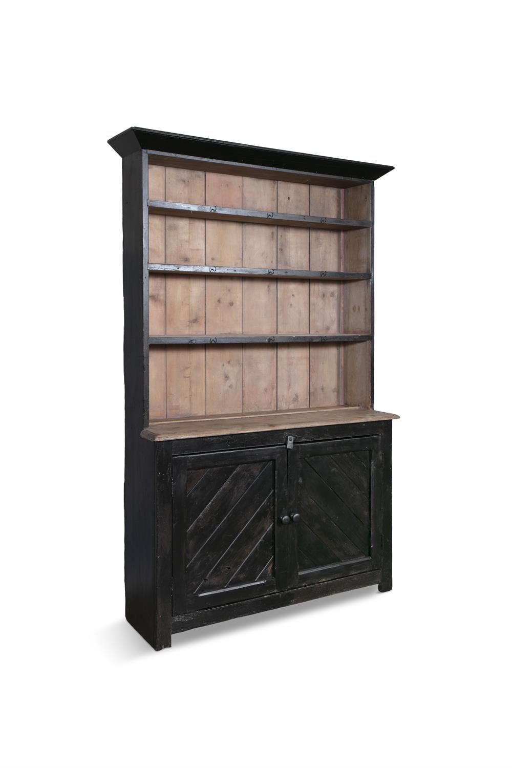 A 19TH CENTURY PAINTED PINE DRESSER, with moulded cornice above three shelves, - Image 2 of 3