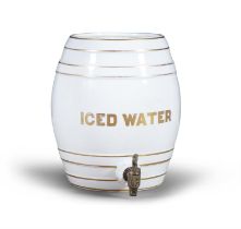 A VICTORIAN GLAZED CHINA BARREL WITH GILT BANDING, inscribed 'Iced Water' and with brass spigot,