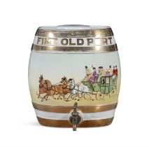 A VICTORIAN GLAZED CHINA SPIRIT BARREL, of oval form with lid, decorated with a coaching scene