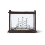 A DIORAMA OF A THREE MASTED SQUARE RIGGED MODEL BARK SHIP the stained timber case of rectangular