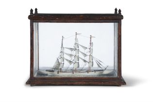 A DIORAMA OF A THREE MASTED SQUARE RIGGED MODEL BARK SHIP the stained timber case of rectangular