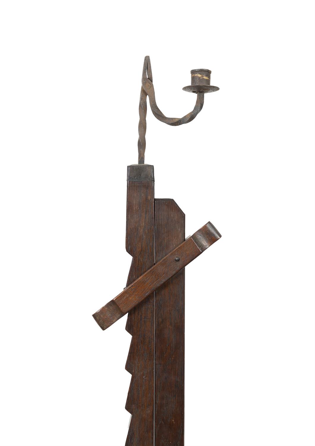 A IRON AND TIMBER ADJUSTABLE RUSH LIGHT, on X-framed base. 120.5cm high (not extended) - Image 2 of 3