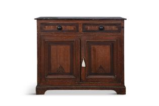 A 19TH CENTURY 'SCUMBLE' PAINTED PINE CUPBOARD, the rectangular top above two drawers with