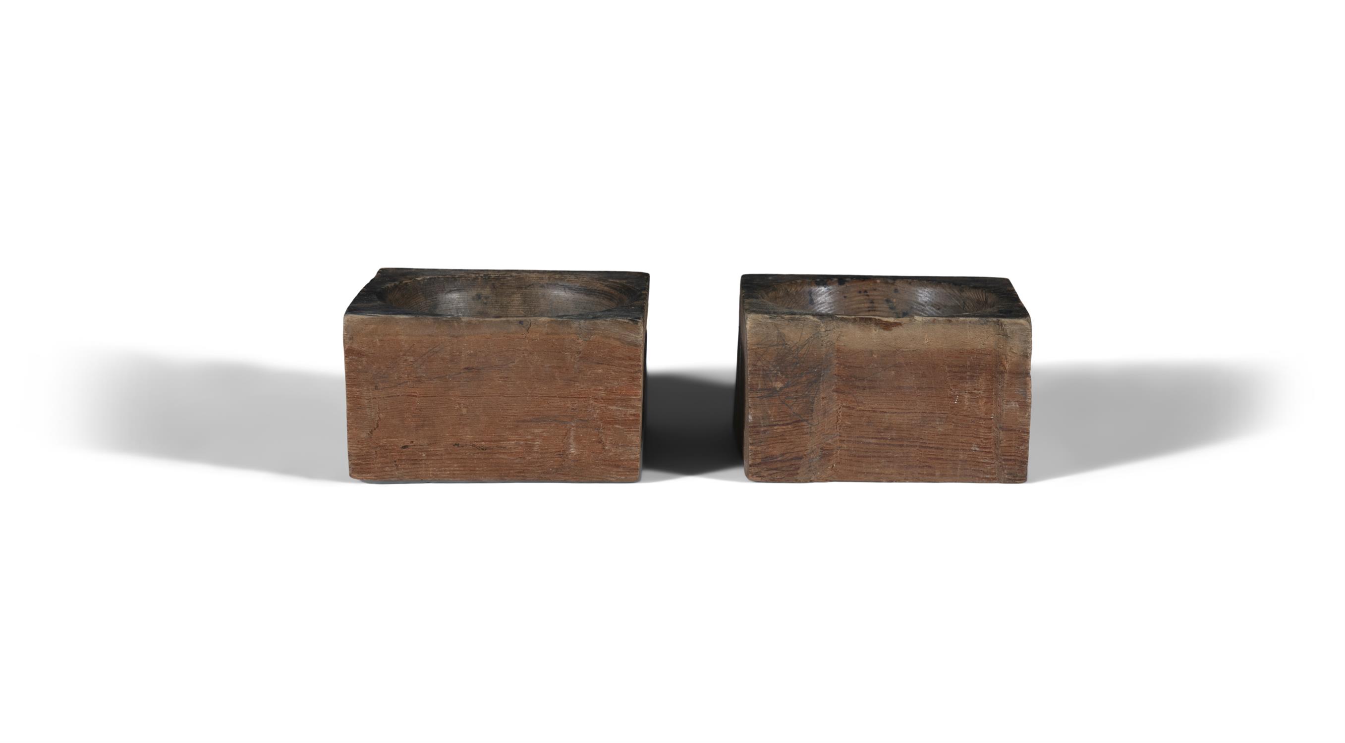 A PAIR OF TIMBER SQUARE SHAPED BLOCK PINE COUNTER WELLS 19cm high, 14cm wide, 15cm deep - Image 2 of 3