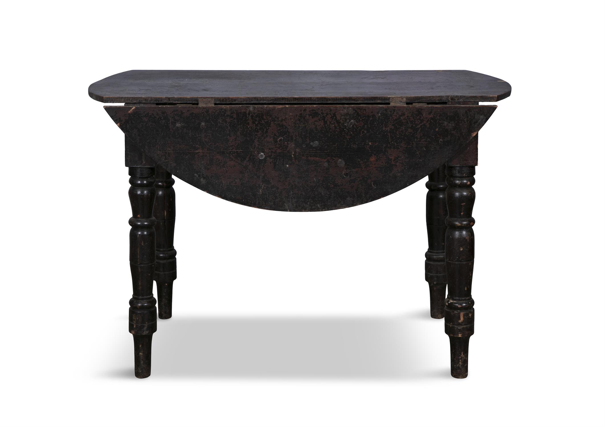 A BLACK PAINTED PINE OVAL DROP LEAF TABLE, plain frieze raised on turned baluster legs. - Image 2 of 3