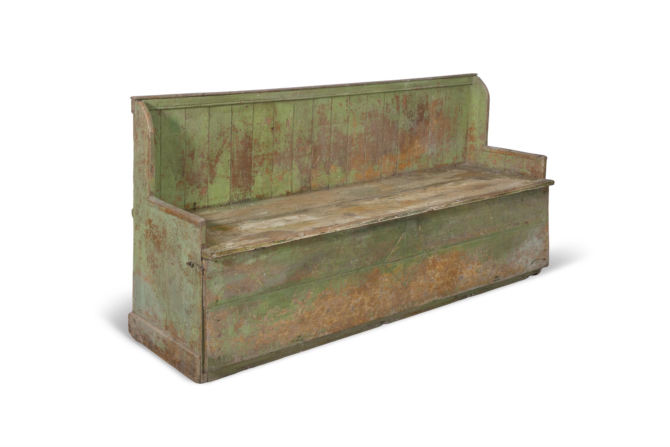 A 19TH CENTURY VARIEGATED GREEN PAINTED PINE SETTLE BED, the slatted back above a plain seat, - Image 2 of 4