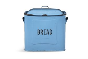 AN EARLY 20TH CENTURY BLUE ENAMEL BREAD BIN, of typical form, the detachable lid with handle,