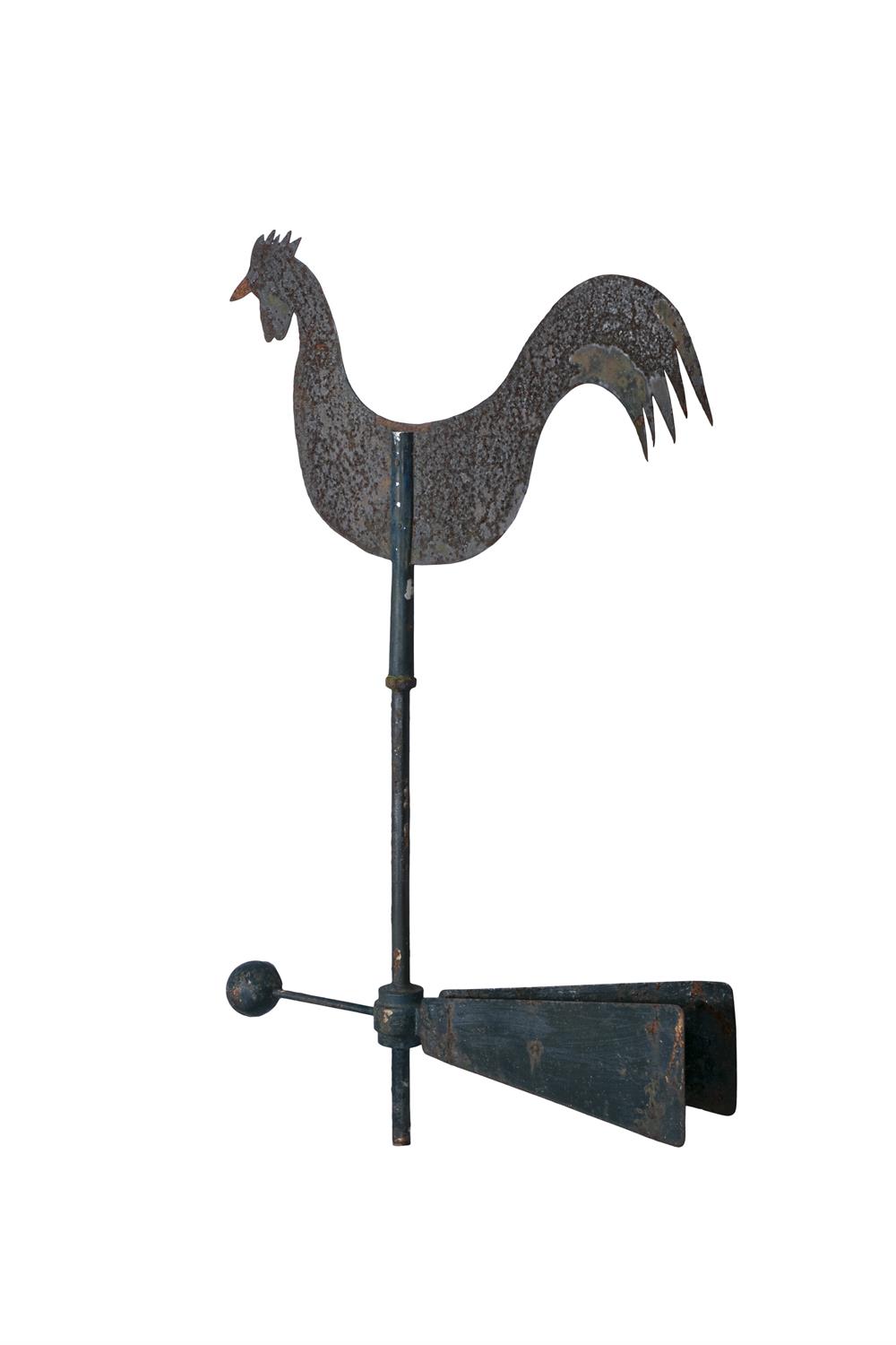 A 19TH CENTURY CAST-IRON FRAME AND TIN WEATHER VANE, in the form of a cockrel. 108cm high, - Image 2 of 3